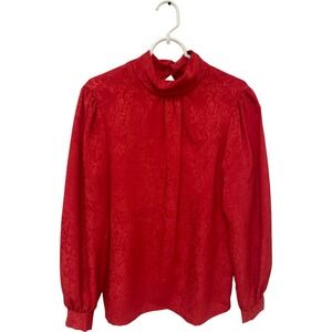 Jonquil by Judy Bond Red Jaquard Blouse Womens Size 10 Mock Neck Long Sleeve Vtg